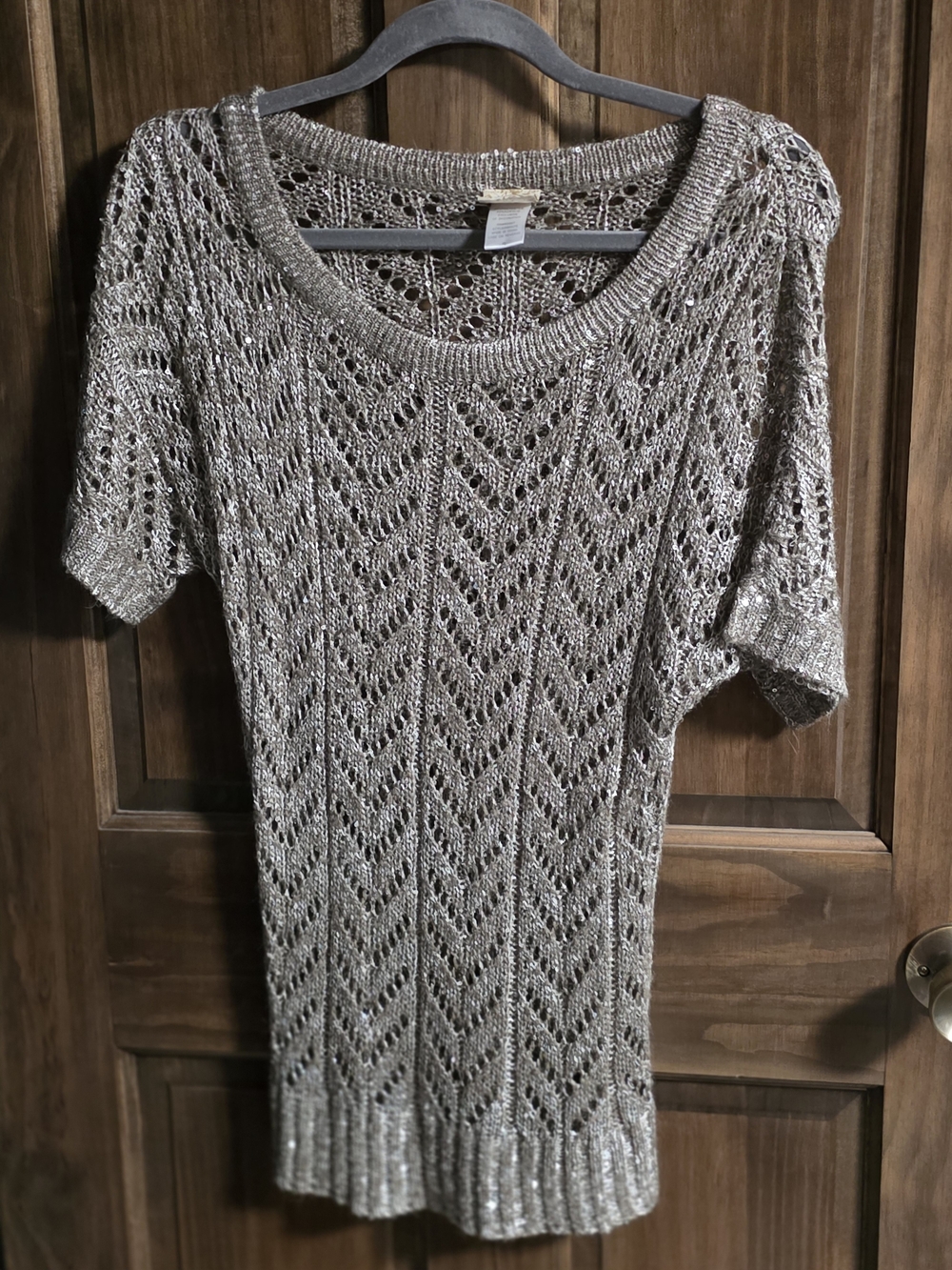 Daytrip Metallic Taupe Open-Weave Scoop Neck Sweater